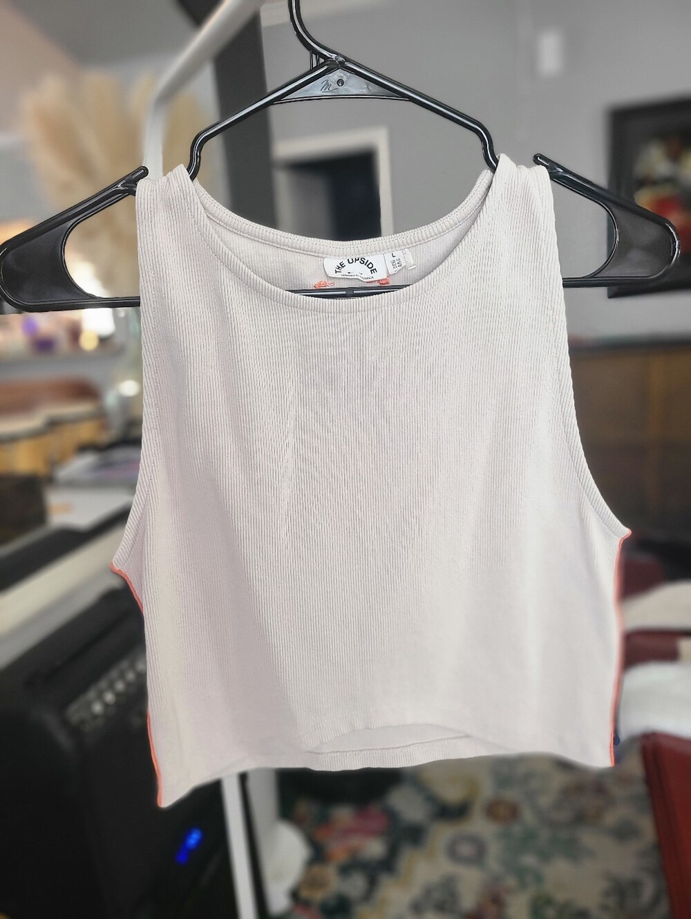 The Upside Crean Ribbed Crop Tank with Coral Orange Trim